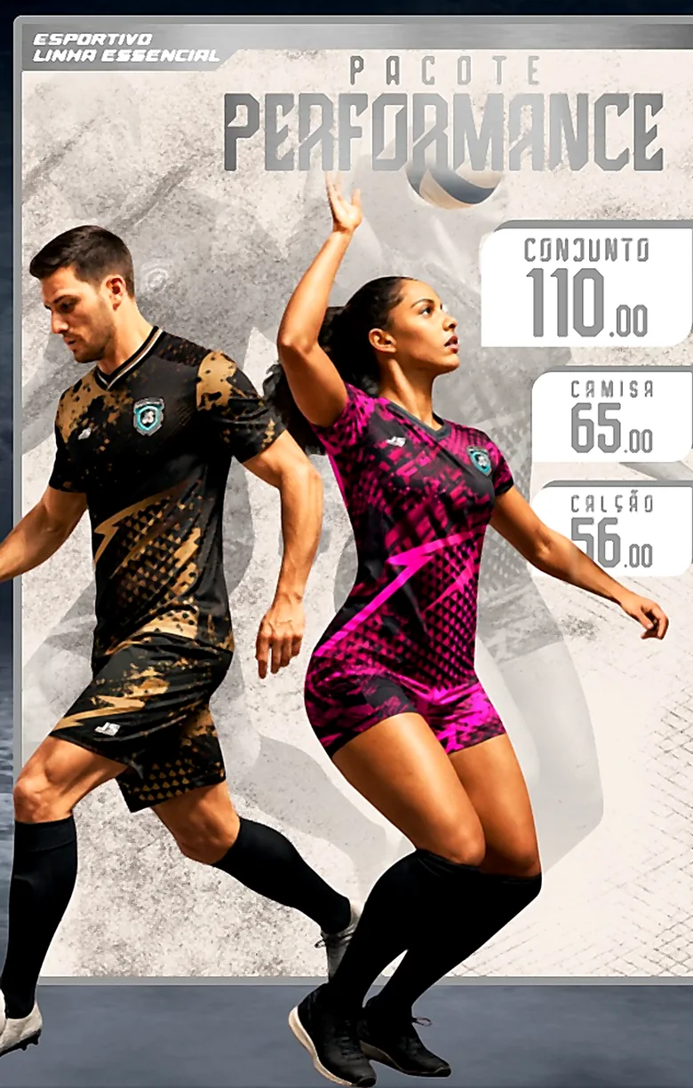 Pacote Performance: atletas com uniforme dourado e rosa da linha essencial