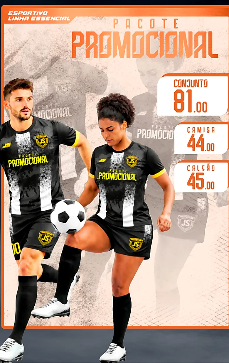Pacote Promocional: casal de atletas com uniforme preto e branco da linha essencial